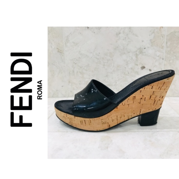Fendi Shoes - FENDI 39.5 Wedges Cork Black Patent Leath Platform